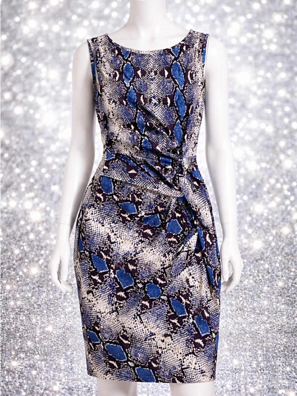 Diane Von Furstenberg Blue and Black Snake-Print Midi Sheath Dress